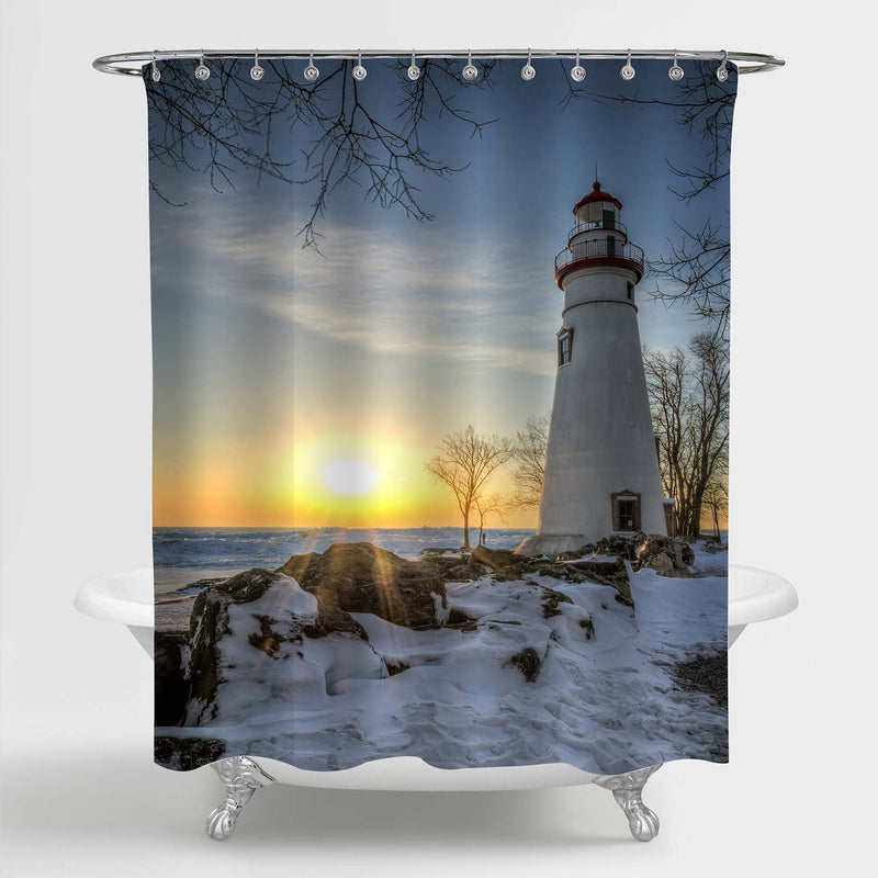 Lighthosue in Rocky Shores of Lake in Winter Shower Curtain - White Gold