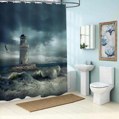 Majestic Lighthouse on the Sea Waves Shower Curtain - Grey