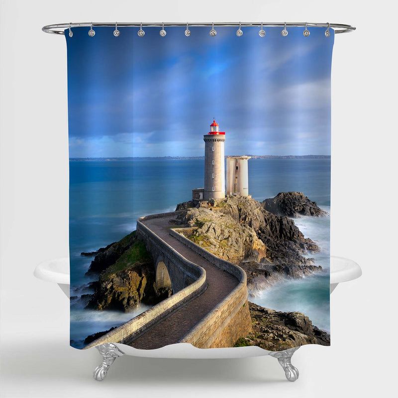French Lighthouse of Minou with Blue Sky Shower Curtain - Blue Brown