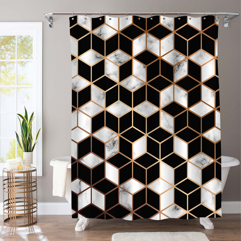 3D Marble Ombre Geometric Lines and Cubes Pattern Shower Curtain - Black White Gold