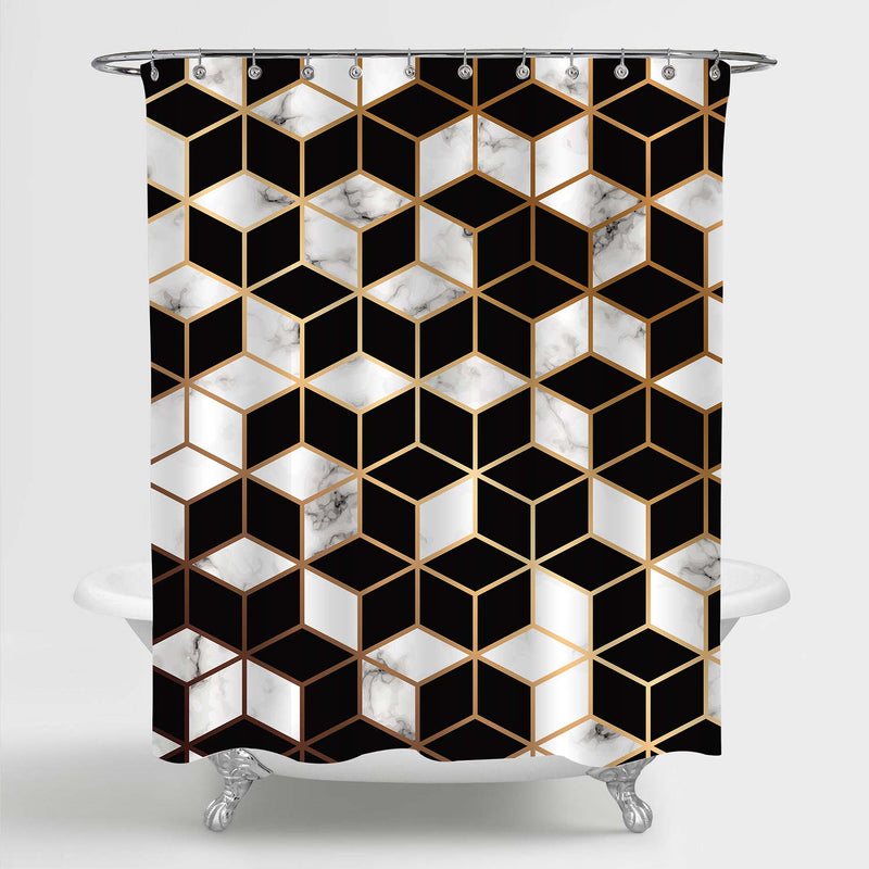 3D Marble Ombre Geometric Lines and Cubes Pattern Shower Curtain - Black White Gold