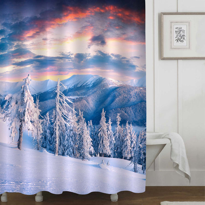 Sunrise in Mountains with Snow Covered Fir Trees Shower Curtain - Light Blue Gold
