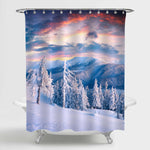 Sunrise in Mountains with Snow Covered Fir Trees Shower Curtain - Light Blue Gold