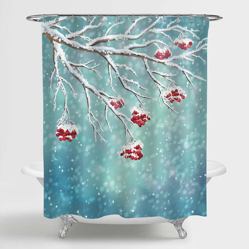 Frozen Tree Branches with Red Berry Shower Curtain - Green