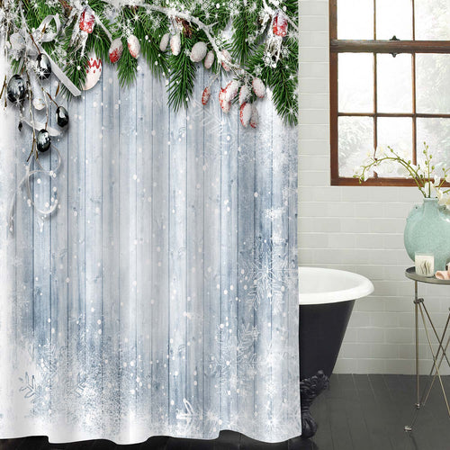 Fir Tree with Holly Snowfall on Wooden Board Shower Curtain - Green Grey