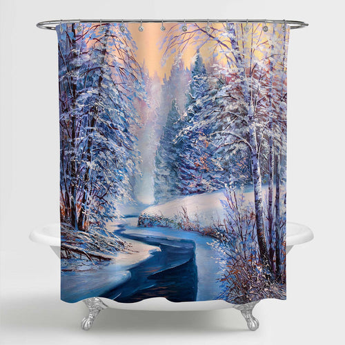 Oil Painting Winter Snowy Woodland Tree Shower Curtain - Blue