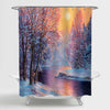 Oil Painting Winter Snowy Forest Sunrise Shower Curtain - Gold