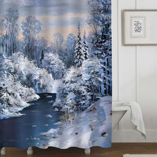 Artsy Oil Painting Winter Thaw in a Mountain Forest Shower Curtain - Grey