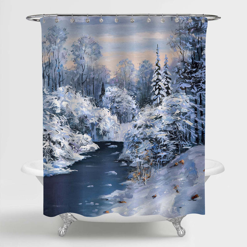 Artsy Oil Painting Winter Thaw in a Mountain Forest Shower Curtain - Grey