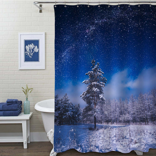 Forest Covered with Fresh Snow in a Winter Moon Light Shower Curtain - Blue