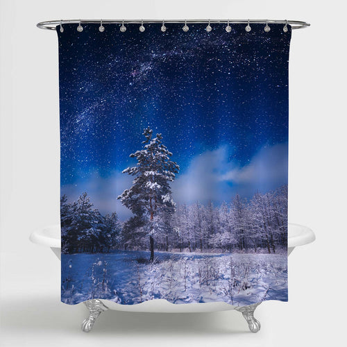 Forest Covered with Fresh Snow in a Winter Moon Light Shower Curtain - Blue