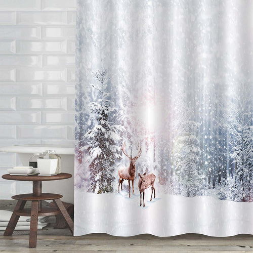 Christmas Deers in a Frosty Forest Shower Curtain - Grey