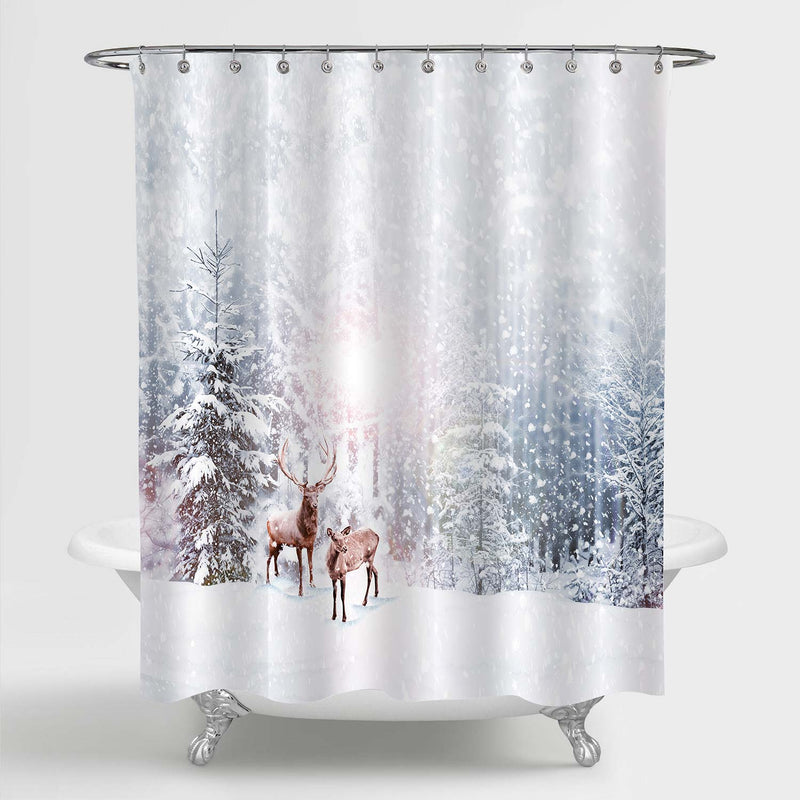 Christmas Deers in a Frosty Forest Shower Curtain - Grey