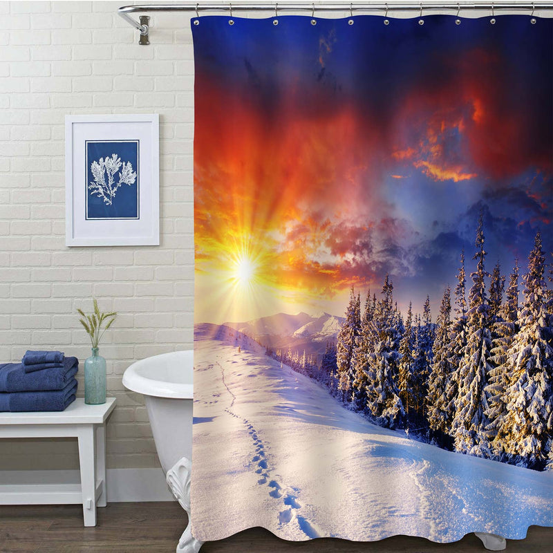 Majestic Sunset in the Winter Mountain Shower Curtain - Gold Blue