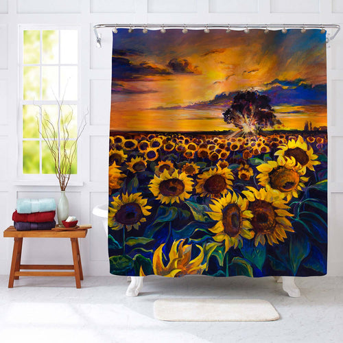 Oil Painting Sunflower Field at Sunset Shower Curtain - Gold Green