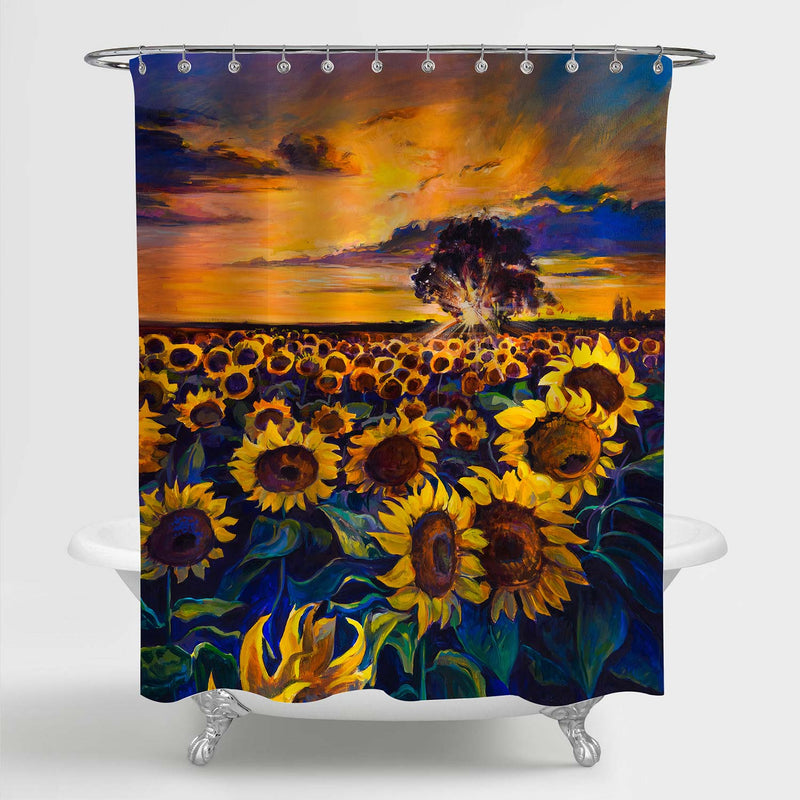 Oil Painting Sunflower Field at Sunset Shower Curtain - Gold Green