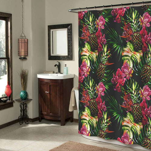 Vintage Pineapple with Lotus Orchid Flowers Shower Curtain - Green Red