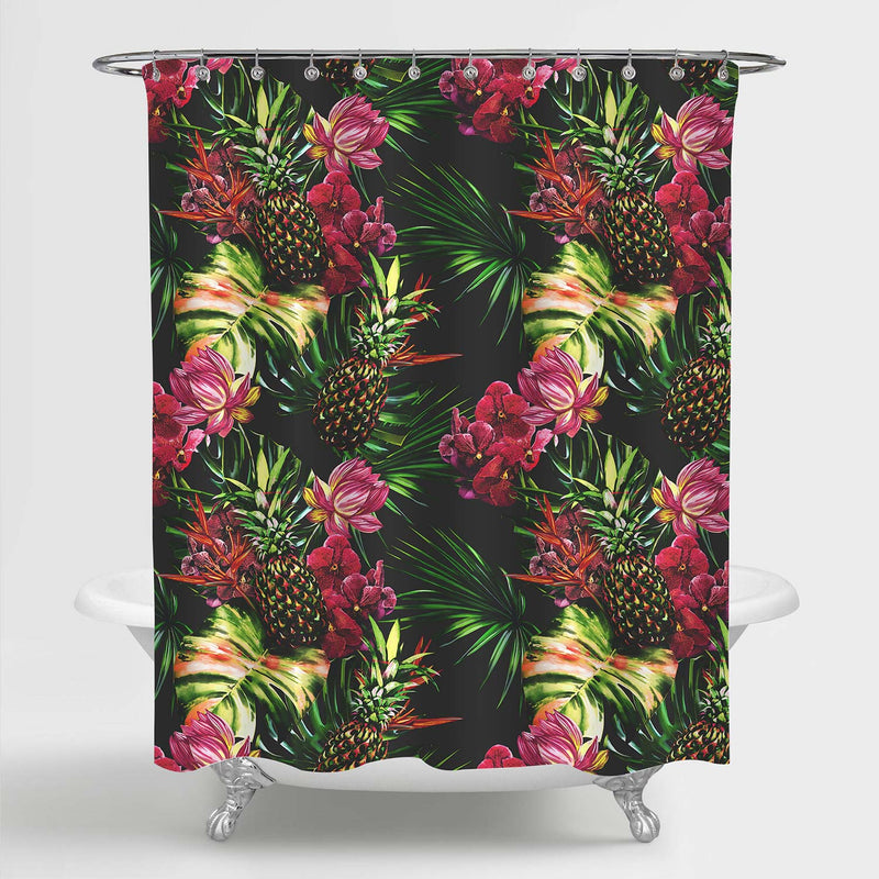 Vintage Pineapple with Lotus Orchid Flowers Shower Curtain - Green Red