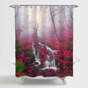 Waterfall River in Morning Foggy Forest Shower Curtain - Red