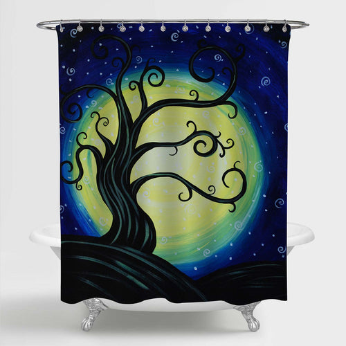 Abstract Tree and Full Moon at Midnight Shower Curtain - Dark Blue Yellow