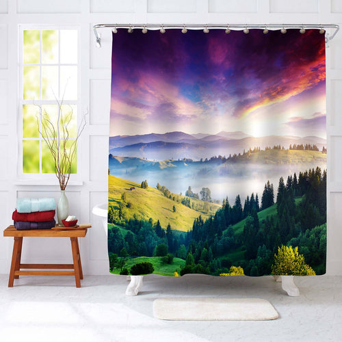 Majestic Mountain Landscape with Cloud Shower Curtain - Purple Green