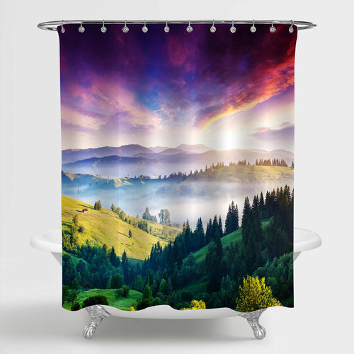 Majestic Mountain Landscape with Cloud Shower Curtain - Purple Green