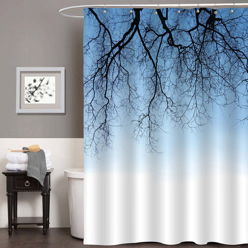 Silhouette of Tree Braches Against Blue Sky Shower Curtain - Blue