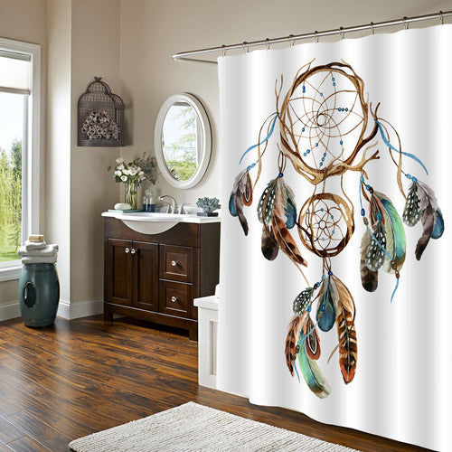 Watercolor Ojibwe Dream Catcher with Bohemian Feather Shower Curtain - Brown