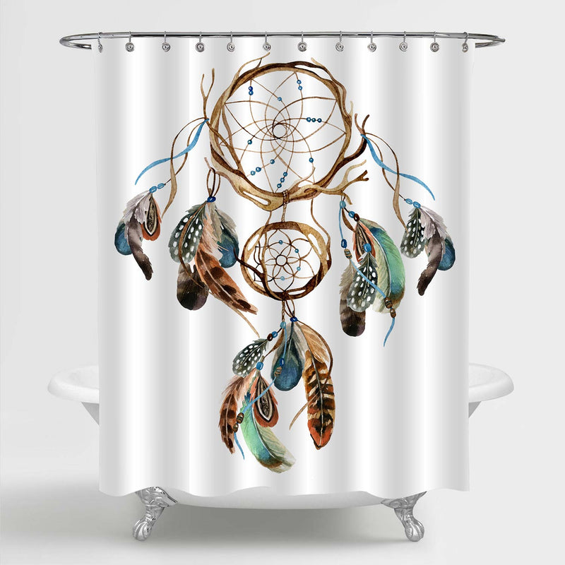 Watercolor Ojibwe Dream Catcher with Bohemian Feather Shower Curtain - Brown