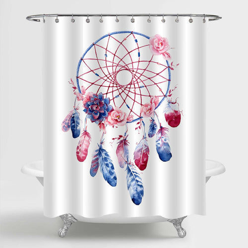 Dream Catcher with Feathers and Flowers Girly Shower Curtain - Blue Red