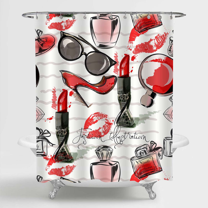 Make Up Cosmetic Lipstick Perfume Printing Shower Curtain - Red Black