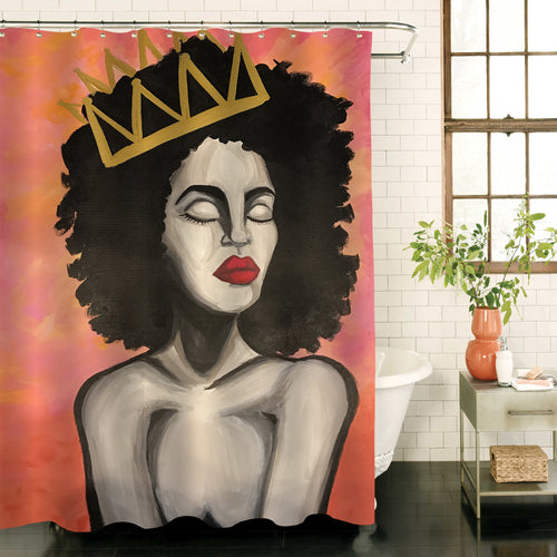 Watercolor Afro African American Queen Shower Curtain - Coral Black