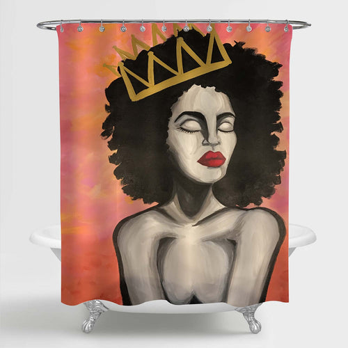 Watercolor Afro African American Queen Shower Curtain - Coral Black