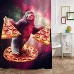 Cartoon Sloth with Pizza in Galaxy Space Shower Curtain - Pink