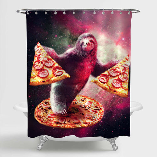 Cartoon Sloth with Pizza in Galaxy Space Shower Curtain - Pink