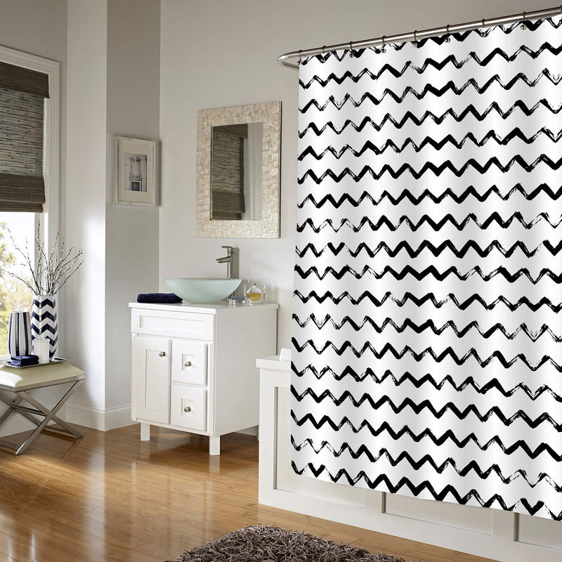 Minimalist Zig Zag Stripes Shower Curtain - Black White