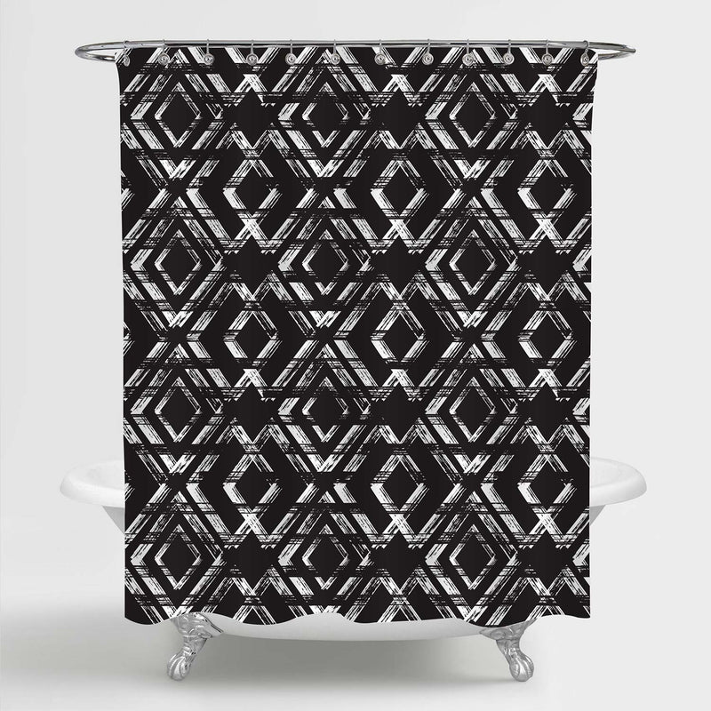 Grunge Chevron Geometric Rhombus Shower Curtain - Black White
