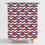 Red Hearts on Blue and White Chevron Shower Curtain