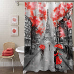 Couple Under Umbrella at Paris Street Shower Curtain - Red Black