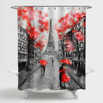 Couple Under Umbrella at Paris Street Shower Curtain - Red Black
