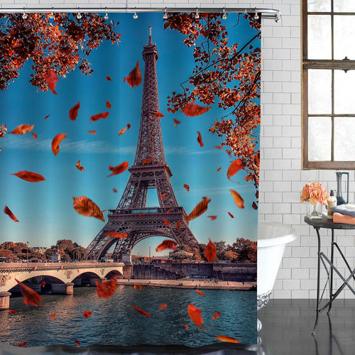 Autumn Leaves Falling Near Paris Eiffel Tower Shower Curtain - Red Blue