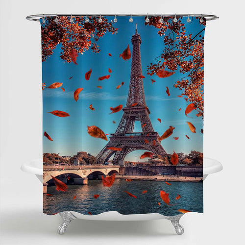 Autumn Leaves Falling Near Paris Eiffel Tower Shower Curtain - Red Blue