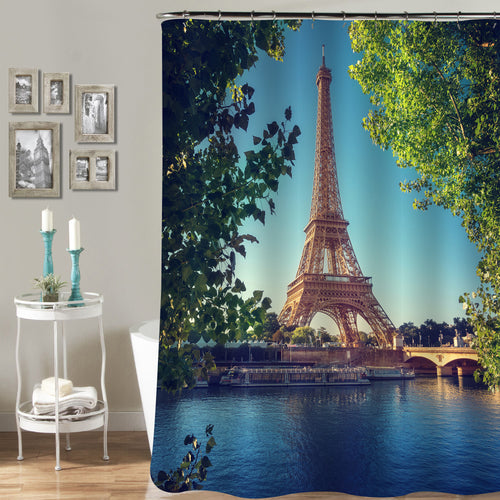 Paris Eiffel Tower Scenic Shower Curtain - Gold Green