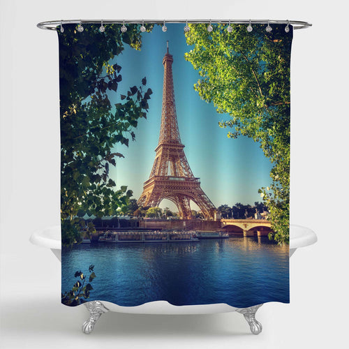 Paris Eiffel Tower Scenic Shower Curtain - Gold Green