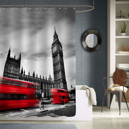 Red Buses Passing Big Ben London Cityscape Shower Curtain - Black Red