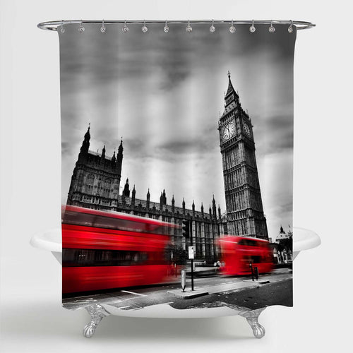 Red Buses Passing Big Ben London Cityscape Shower Curtain - Black Red