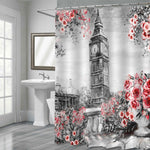 Watercolor Rose Flowers and UK Big Ben Shower Curtain - Pink Grey