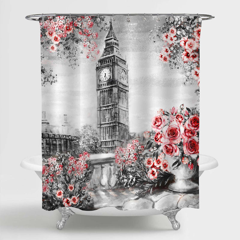 Watercolor Rose Flowers and UK Big Ben Shower Curtain - Pink Grey
