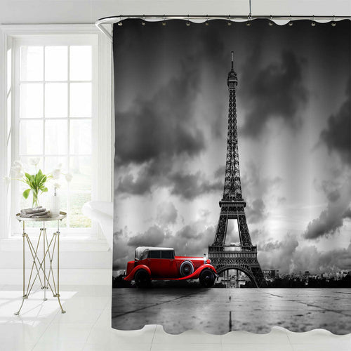 Paris Eiffel Tower and Retro Car Shower Curtain - Black Red