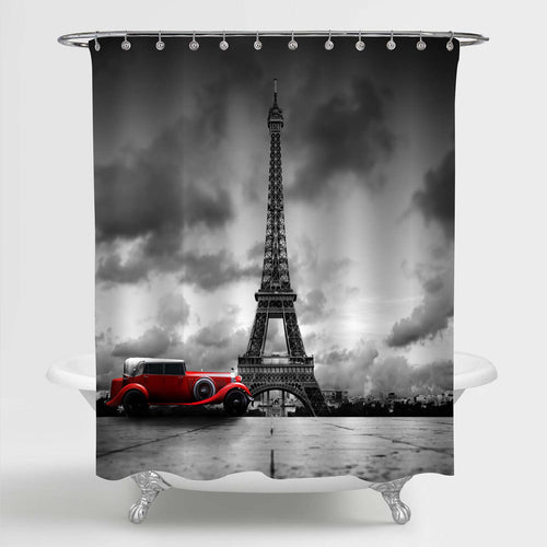 Paris Eiffel Tower and Retro Car Shower Curtain - Black Red